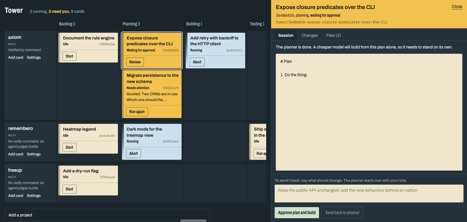 A card waiting for approval. The drawer shows the plan the planner wrote, a box for feedback, and two buttons: Approve plan and build, and Send back to planner.